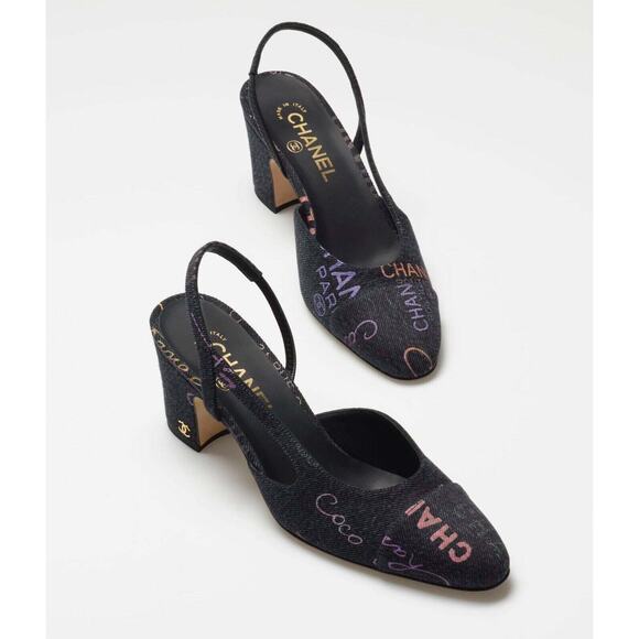 Chanel 22P Mademoiselle Coco Sling CC Black Grey Denim Slingback Sandal Heel 40 - Picture 3 of 12